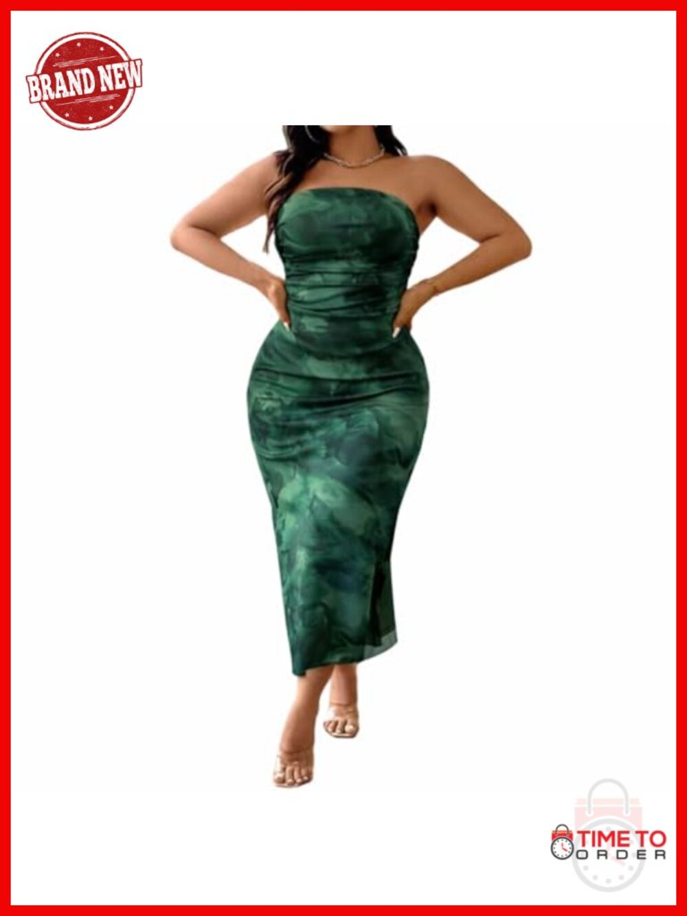 Plus Size Strapless Bodycon Maxi Dress Mesh Overlay Ruched Tie Dye